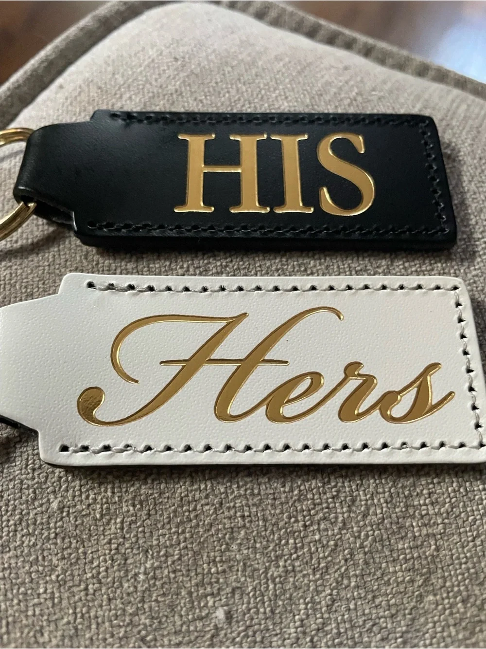 Leather 'His' and 'Hers' Keychain Set - Black & White with Gold Lettering